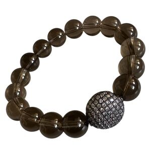 10mm Smoky Quartz Stretch Bracelet | Black Pavé Coin Spacer